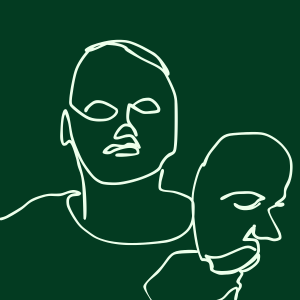 Minimalist light green line drawing of a person removing a mask from their face against a dark green background - Link to story, "Face"